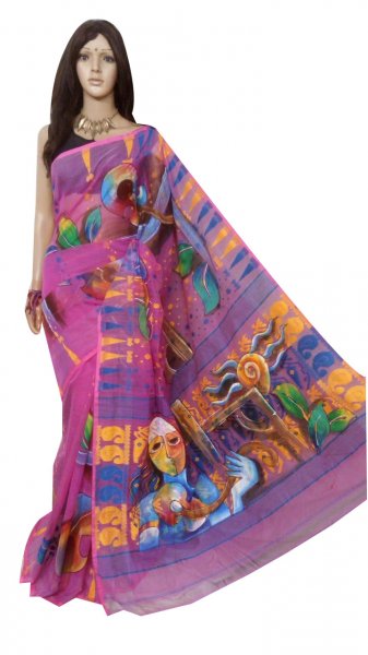 Pink , yellow and blue hand painted full body work jamdani silk saree